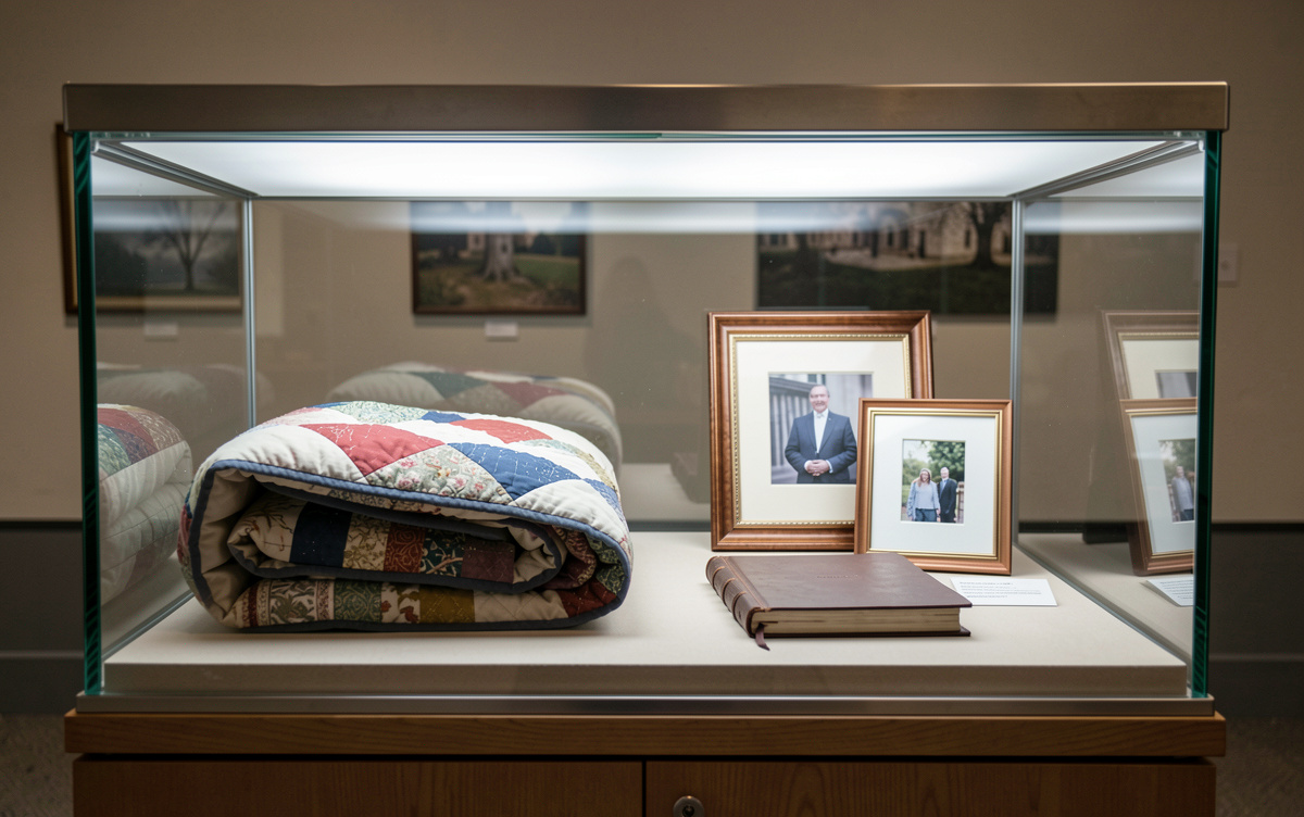 Une vitrine de musée éclairée par le plafond, contenant un quilt plié, un registre fermé et une photographie encadrée, cadrée de face à hauteur d'épaule