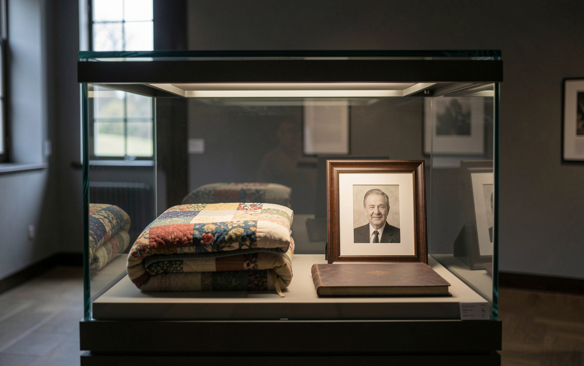 Une vitrine de musée éclairée par le plafond, contenant un quilt plié, un registre fermé et une photographie encadrée, vue de face dans une salle sombre.